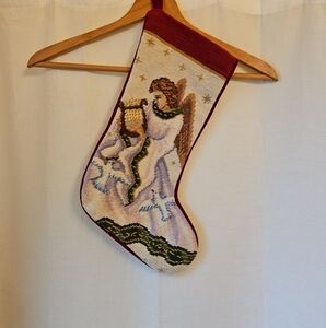 VTG Needlepoint Angel Playing Harp Dove Christmas 15" Stocking Wool Red Velvet